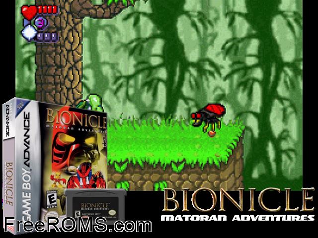 Bionicle - Matoran Adventures Gameboy Advance game showing 3D box cover and gameplay screenshot